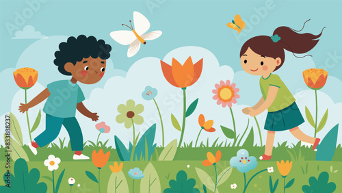 Children tiptoe through a meadow spotting wildflowers and butterflies as they discover the beauty and fragility of different plant species.. Vector illustration