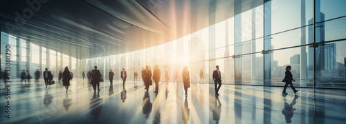 An abstract business background wallpaper featuring silhouettes of business professionals walking through a modern office building during sunset