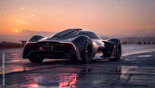 Black sports car with sunset veiw. Created with Ai