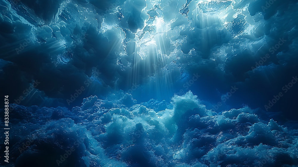 A serene underwater abstract, sunlight piercing through the water, creating twinkling effects on the surface, deep blue sea, ethereal and tranquil, soft light effects, vibrant hues, high contrast. A serene underwater abstract, sunlight piercing through the water, creating twinkling effects on the surface, deep blue sea, ethereal and tranquil, soft light effects, vibrant hues, high contrast.