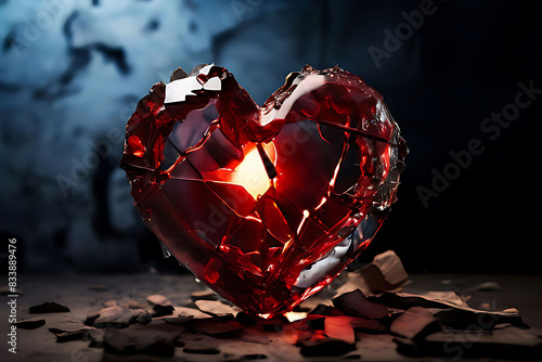 Red heart made of broken glass and war inside
