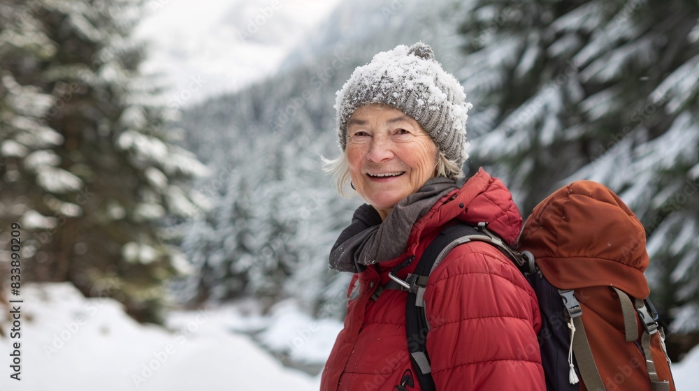 Embracing the Golden Years: A Joyful Senior Woman Hiking Through Scenic Winter Mountains Embracing the Golden Years: A Joyful Senior Woman Hiking Through Scenic Winter Mountains