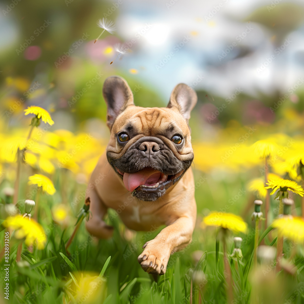 Fototapeta premium French Bulldog running through a field of dandelions on a sunny day
