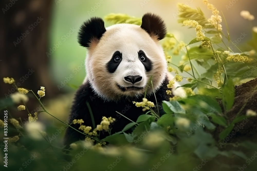 Fototapeta premium giant panda eating bamboo, generative ai