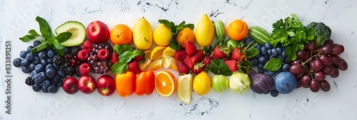 A colorful array of fresh fruits and vegetables arranged in a rainbow pattern on a white marble countertop