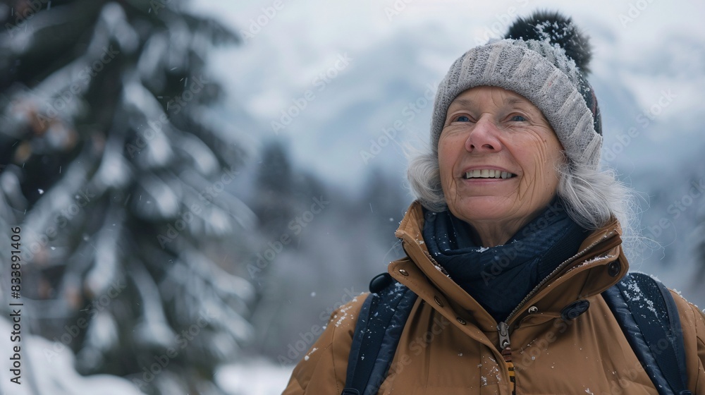 Fototapeta premium Embracing the Golden Years: A Joyful Senior Woman Hiking Through Scenic Winter Mountains