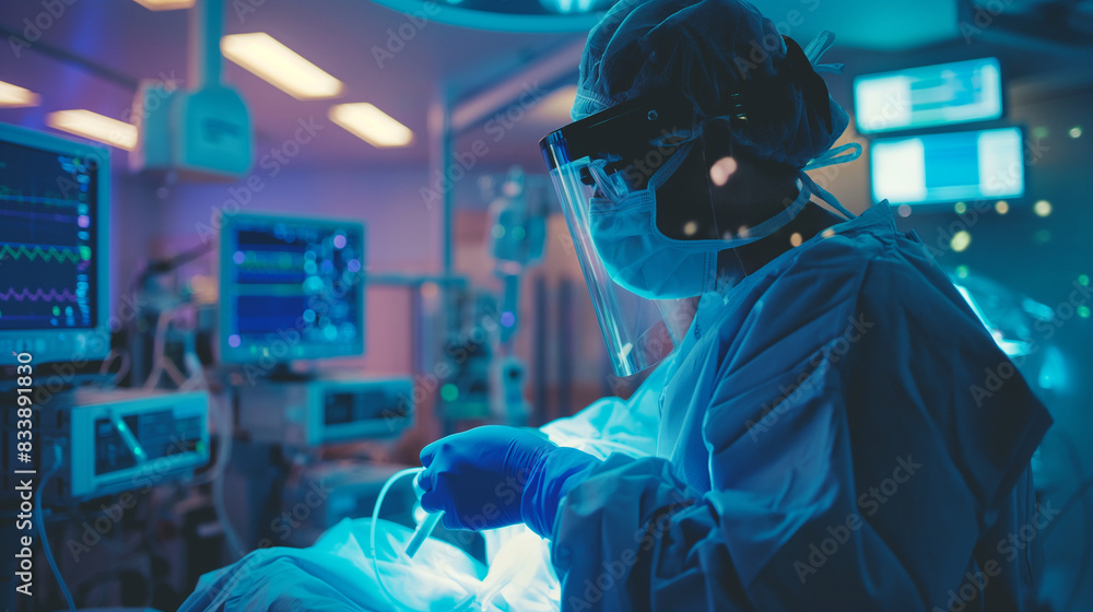 A surgeon performing a complex procedure in a state-of-the-art operating room A surgeon performing a complex procedure in a state-of-the-art operating room