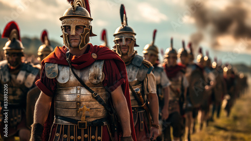 A group of Roman soldiers march in formation across a battlefield under a dramatic sunset, dressed in traditional armor and helmets.