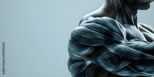 Closeup of muscular mans arm anatomy isolated on grey background. Concept Anatomy, Muscular Arm, Closeup, Isolated Background, Grey photo
