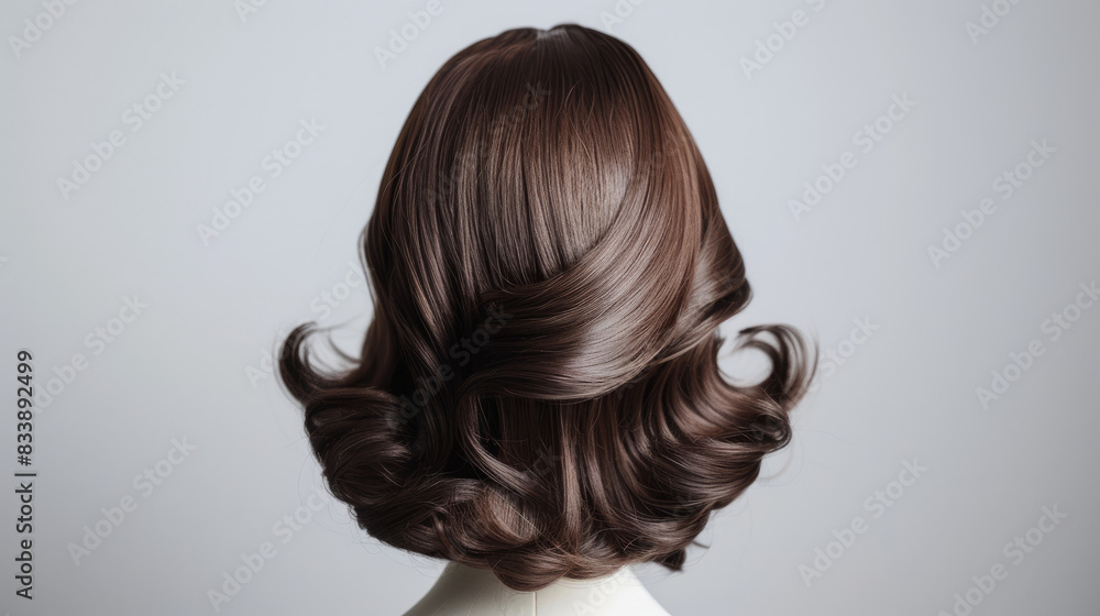 Fototapeta premium Brown wig on a white mannequin with wavy curls, displayed on a white background.