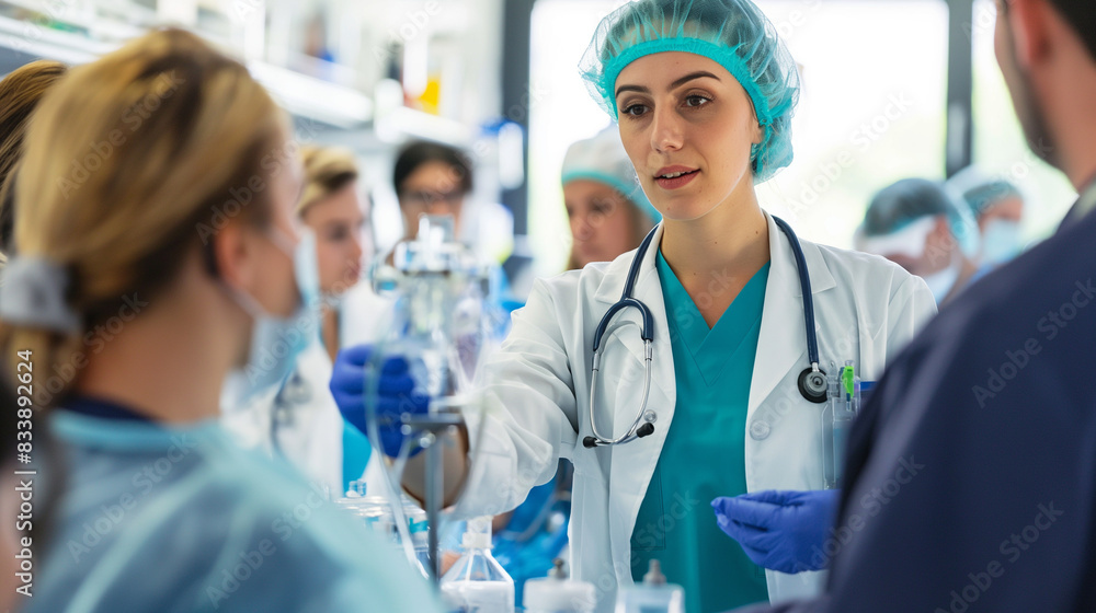 A healthcare provider demonstrating the use of a new medical device in a training session A healthcare provider demonstrating the use of a new medical device in a training session
