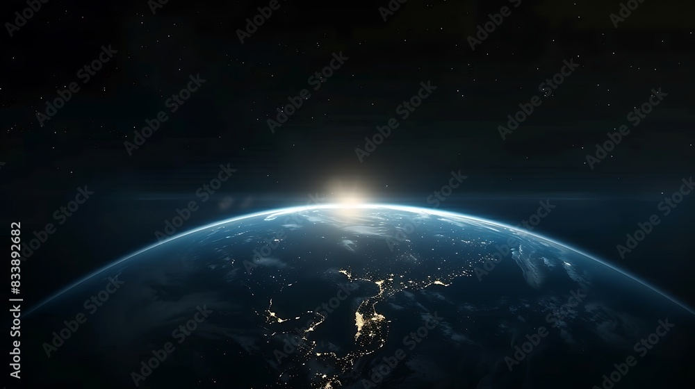Fototapeta premium A captivating view of the Earth from space with the sun cresting the planet's horizon, casting a glow over the continents below.