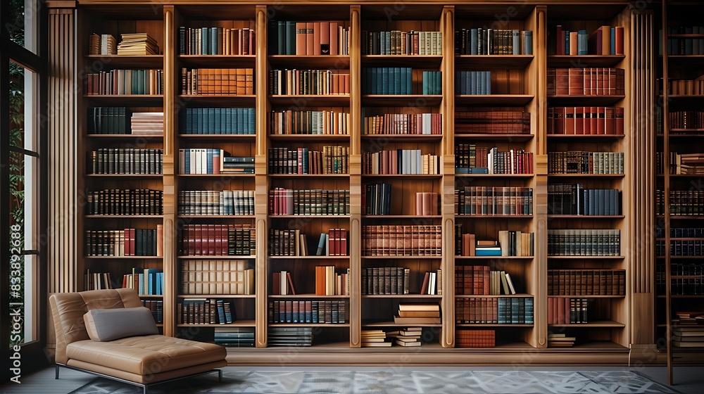 Large bookshelf filled with various books in a cozy room with a comfortable beige chaise lounge Large bookshelf filled with various books in a cozy room with a comfortable beige chaise lounge