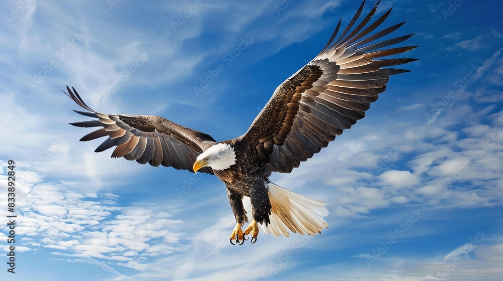 Obraz premium A majestic Bald Eagle soars through a blue sky with clouds.