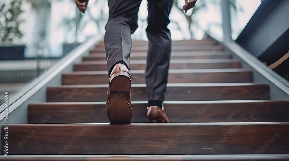 A person in formal attire ascending a modern staircase, captured from a low angle focusing on the shoes. A person in formal attire ascending a modern staircase, captured from a low angle focusing on the shoes.
