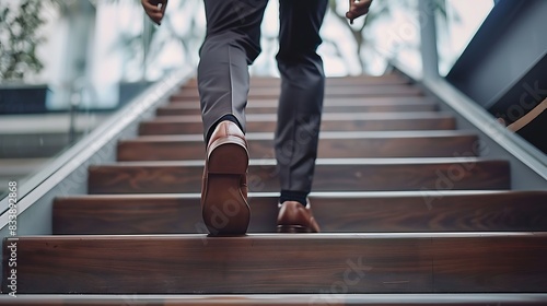 A person in formal attire ascending a modern staircase, captured from a low angle focusing on the shoes. 
