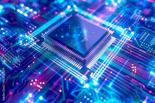 Close-up of a high-tech microprocessor with neon lights  symbolizing digital innovation and modern technology.