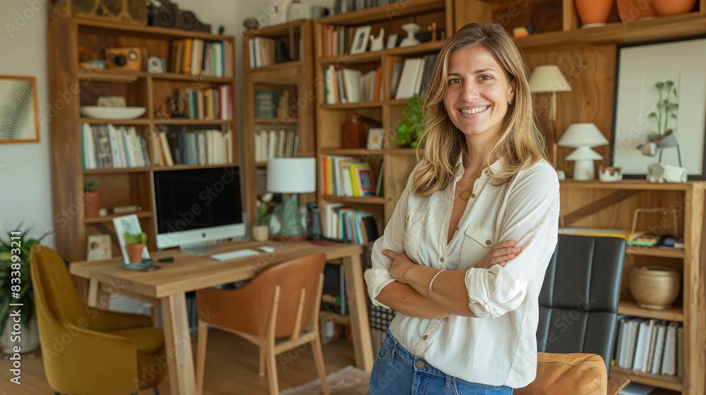 Confident European woman real estate agent stands proudly in a cozy home office, pointing out the built-in bookshelves and large desk space, radiating expertise and approachability Confident European woman real estate agent stands proudly in a cozy home office, pointing out the built-in bookshelves and large desk space, radiating expertise and approachability