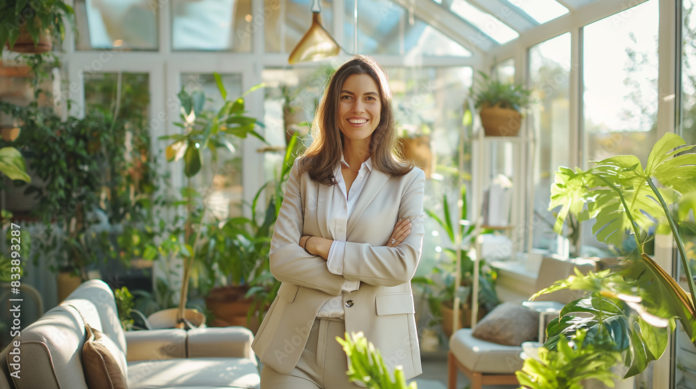 Confident European woman real estate agent stands proudly in a bright and airy sunroom, surrounded by indoor plants and comfortable seating, radiating expertise and approachability Confident European woman real estate agent stands proudly in a bright and airy sunroom, surrounded by indoor plants and comfortable seating, radiating expertise and approachability