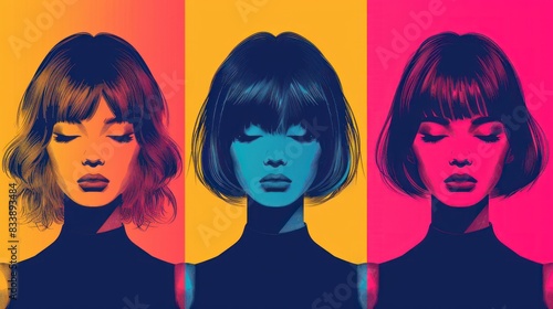 Three women wearing black turtlenecks and similar hairstyles are portrayed in a minimalist style against vibrant color backgrounds Each woman is placed in a different color block