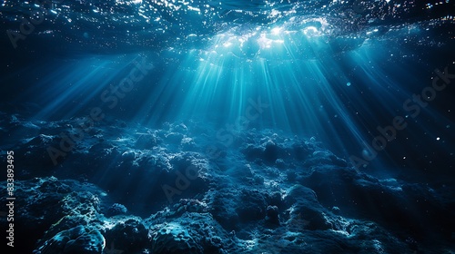 Wallpaper Mural An abstract deep blue sea scene, sun's rays creating twinkling effects on the surface, ethereal light scattering, serene and tranquil, soft glow, vibrant blues, high contrast. Torontodigital.ca