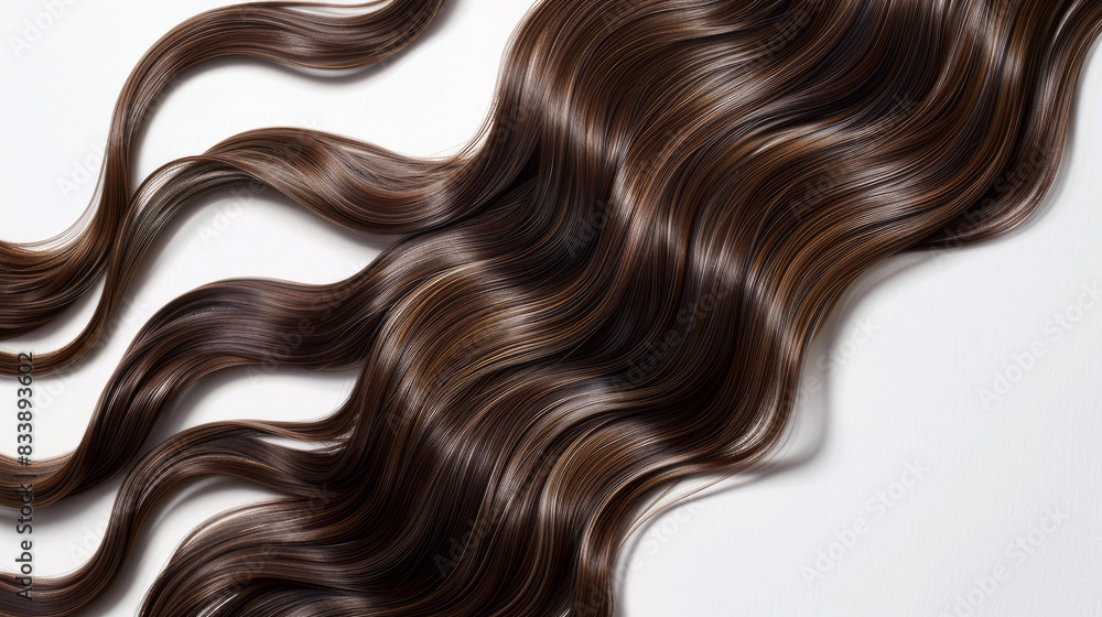 Brunette hair with loose waves cascading down on a white backdrop, showcasing its transformation from growth to fullness. Brunette hair with loose waves cascading down on a white backdrop, showcasing its transformation from growth to fullness.