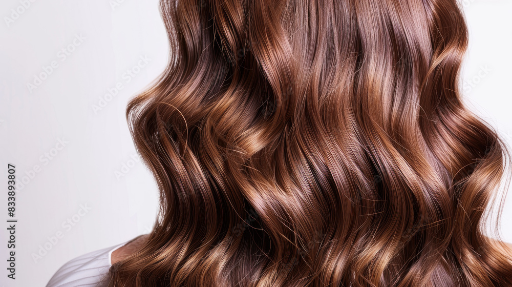 Brunette hair with loose waves cascading down on a white backdrop, showcasing its transformation from growth to fullness.