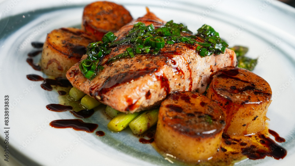 Salmon with braised potatoes and asparagus Salmon with braised potatoes and asparagus