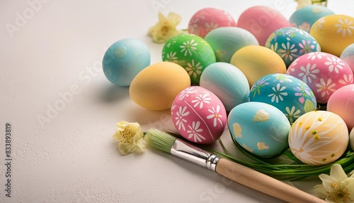 colorful painted easter eggs and paint brush on white background with copy space