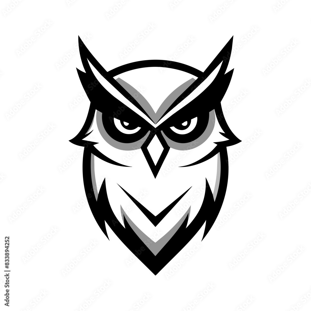 a minimalist Animal logo vector art illustration with an angry owl icon, featuring a modern stylish shape with an underline, set on a solid white background. Ensure the design is high resolutio