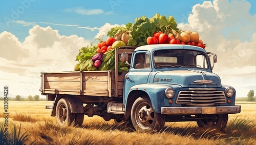 Old truck with an autumn harvest of vegetables and herbs on a plantation - a harvest festival, a roadside market selling natural eco-friendly farm products. illustration.
