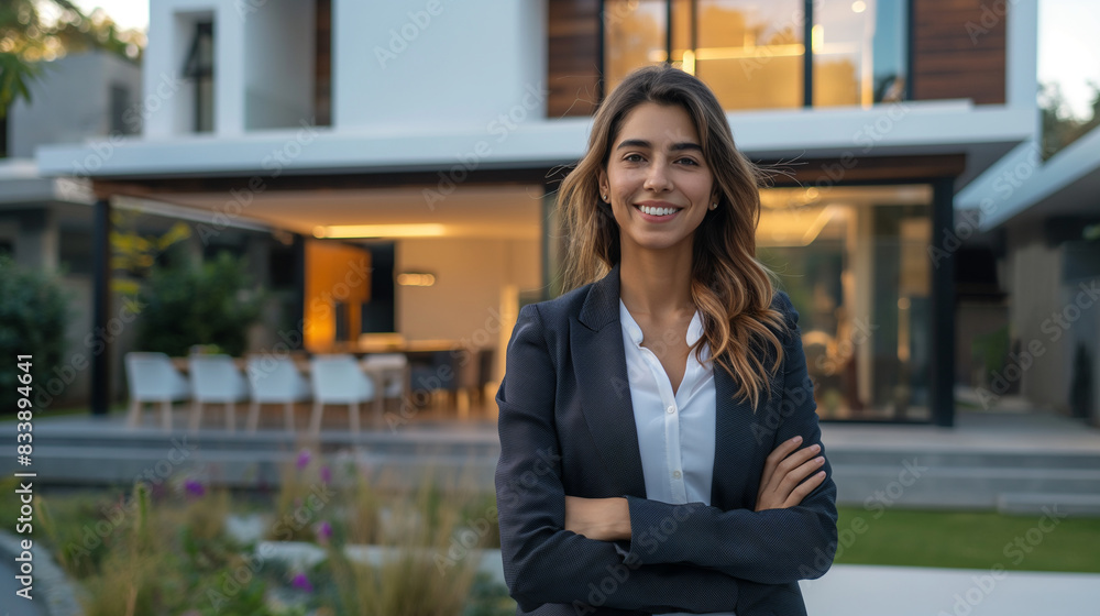 Confident American woman real estate agent stands proudly outside a modern home, radiating expertise and approachability, ready to assist potential house buyers Confident American woman real estate agent stands proudly outside a modern home, radiating expertise and approachability, ready to assist potential house buyers