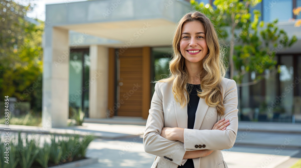 Confident American woman real estate agent stands proudly outside a state-of-the-art modern home, offering her professional services to potential house buyers Confident American woman real estate agent stands proudly outside a state-of-the-art modern home, offering her professional services to potential house buyers