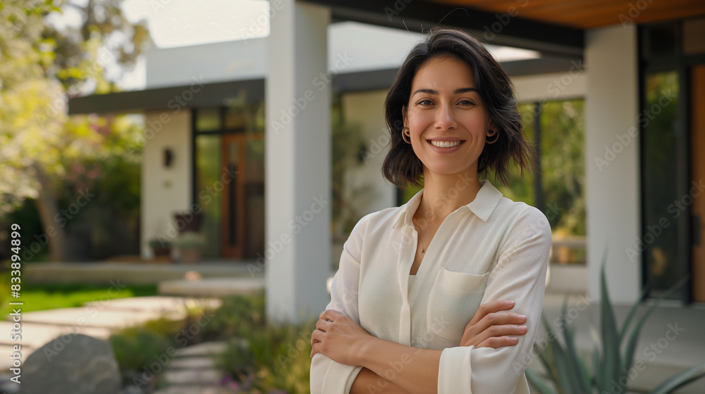 Confident American woman real estate agent stands proudly outside a modern home, radiating confidence and friendliness as she welcomes potential house buyers Confident American woman real estate agent stands proudly outside a modern home, radiating confidence and friendliness as she welcomes potential house buyers