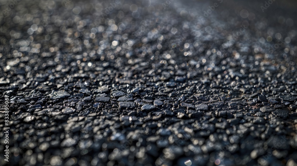 Detailed close up of bitumen texture on asphalt surface Photograph showing panoramic view with road foundation in background Detailed close up of bitumen texture on asphalt surface Photograph showing panoramic view with road foundation in background