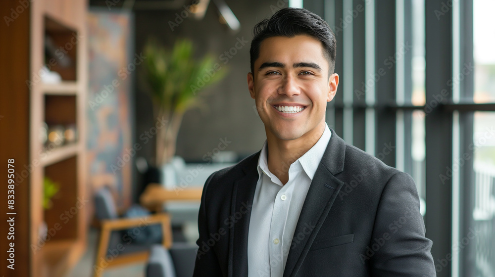 Smiling elegant confident young professional Latino Hispanic businessman, poised and proud, standing in a sleek office space, ready to tackle the day's challenges Smiling elegant confident young professional Latino Hispanic businessman, poised and proud, standing in a sleek office space, ready to tackle the day's challenges