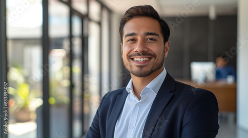 Smiling elegant confident young professional Latino Hispanic businessman with a polished look, radiating leadership, standing in a bright, contemporary office