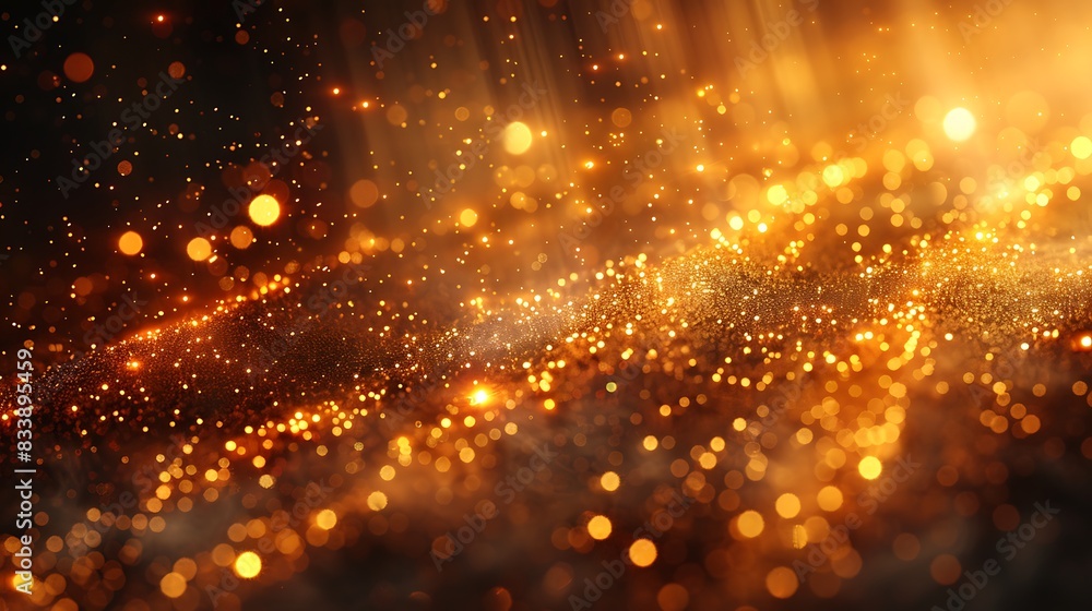 Obraz premium An abstract depiction of glitter rain, golden particles twinkling in a beam of light, dynamic and flowing, rich gold tones, sparkling effects, mesmerizing and vibrant.