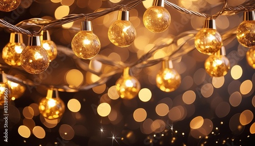 christmas warm gold garland lights over dark background with glitter overlay