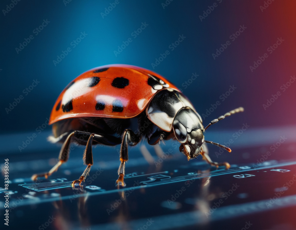 Fototapeta premium Computer bug concept with ladybug standing on computer circuits , troubleshooting and debugging concepts