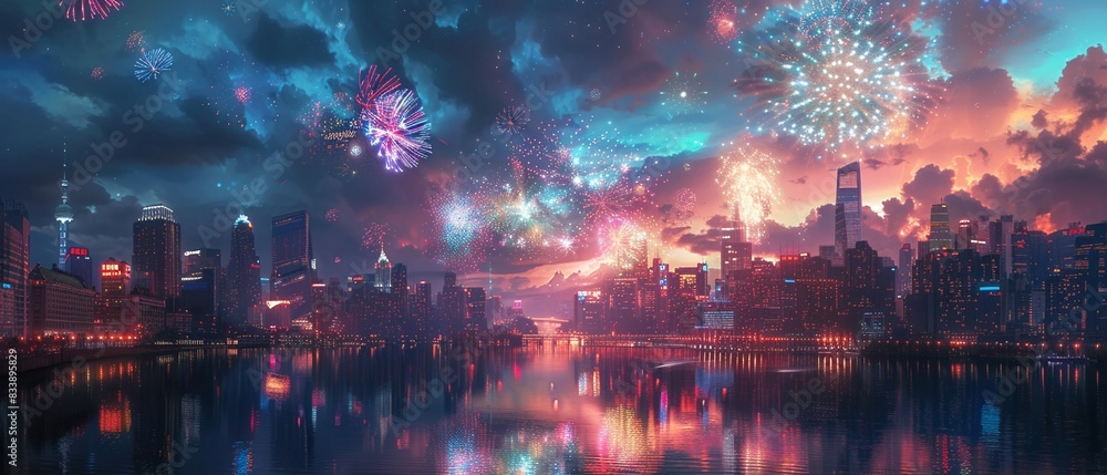 A futuristic cityscape with holographic fireworks celebrating Freedom Day, blending neon lights and advanced technology, Futuristic, Neon, Holographic 8K , high-resolution, ultra HD,up32K HD A futuristic cityscape with holographic fireworks celebrating Freedom Day, blending neon lights and advanced technology, Futuristic, Neon, Holographic 8K , high-resolution, ultra HD,up32K HD