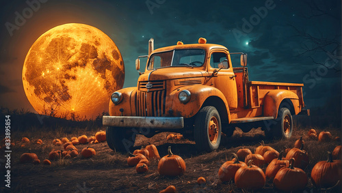 An old orange pumpkin truck at night on a full moon for Halloween is a scary festive background, a party, a frightening mood. Pumpkins on the farm and Jack Lantern with slits photo