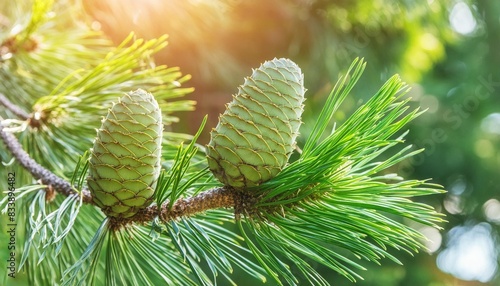 conifer branch with two cones close up in sunlight photo