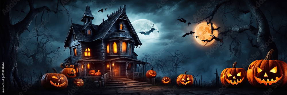 Halloween Jack Lantern pumpkin background in a scary forest with a dead tree, a terrible hunting house. Frightening mood, bats, driftwood, full moon, fog, twilight. Copy space.