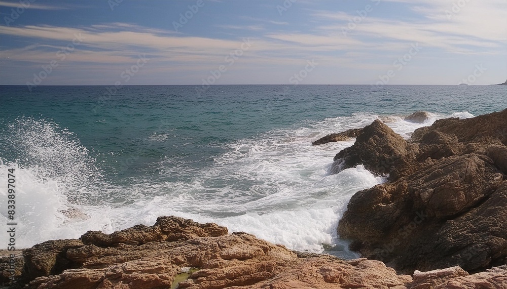 sea waves crashing against the rocks of mediterranean shore