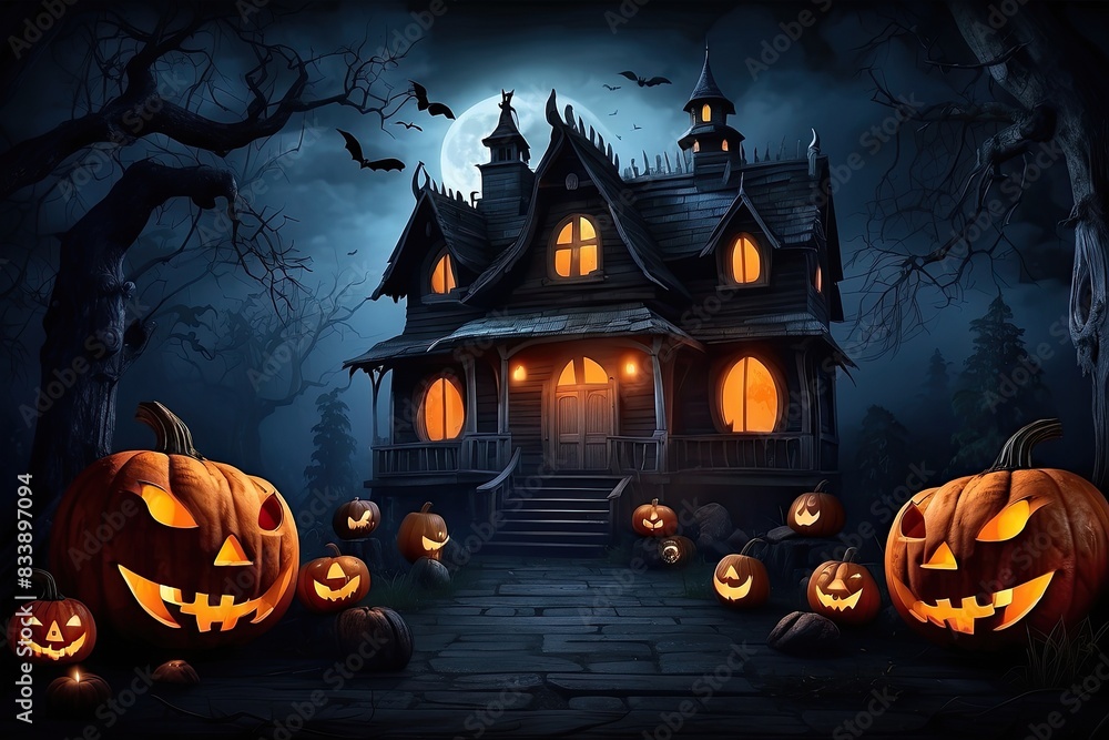 Halloween Jack Lantern pumpkin background in a scary forest with a dead tree, a terrible hunting house. Frightening mood, bats, driftwood, full moon, fog, twilight. Copy space.