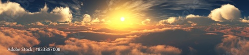 Flight among the clouds, Stormy sky, sunrise or sunset among fabulous clouds, panorama of clouds, 3D rendering
