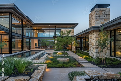 A chic modern house with a blend of rustic stone and sleek metal, featuring a central open-air courtyard and expansive glass walls for unobstructed views,