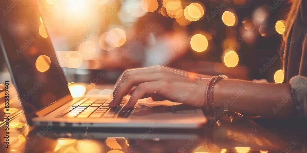 Woman Working on Laptop in Cafe with Bokeh Lights Woman Working on Laptop in Cafe with Bokeh Lights
