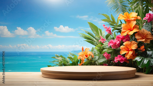 Fototapeta Naklejka Na Ścianę i Meble -  A summer empty podium for product demonstration against the background of the sea with tropical flowers and butterflies. Sunscreen cosmetics, beach holidays, hotel tour, oceanfront wedding